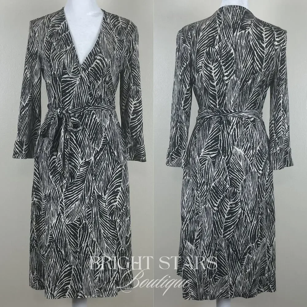 Rare Vintage Silk Wrap Dress B&W Leaf Print As Seen On Lorelai Gilmore Girls - Picture 5 of 11